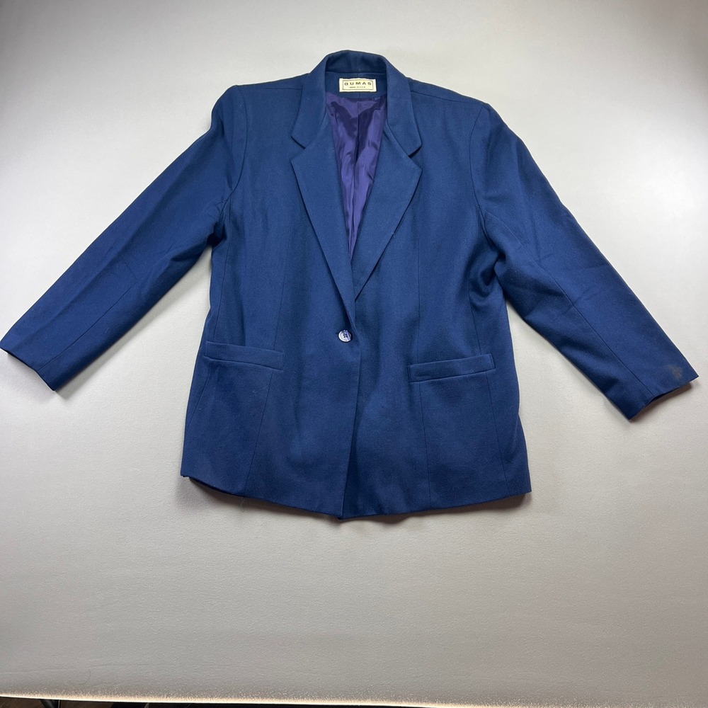 Vintage Dumas Blazer Jacket Men Navy Blue Wool Blend Single Breasted Notch Lapel